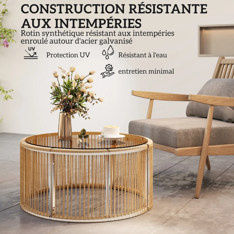 Outsunny Table Basse de Jardin Ronde en Résine Tressée, Plateau en Verre Trempé et Cadre en Acier Galvanisé, 70x70x33cm, Marron