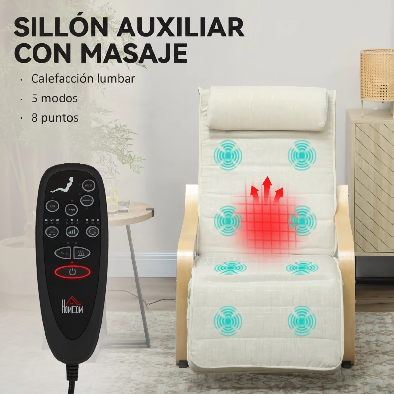 HOMCOM Sillón Salón con Masaje y Calefacción de Lino Reposapiés Ajustable Respaldo Alto Reposacabezas Control Remoto Bolsillo