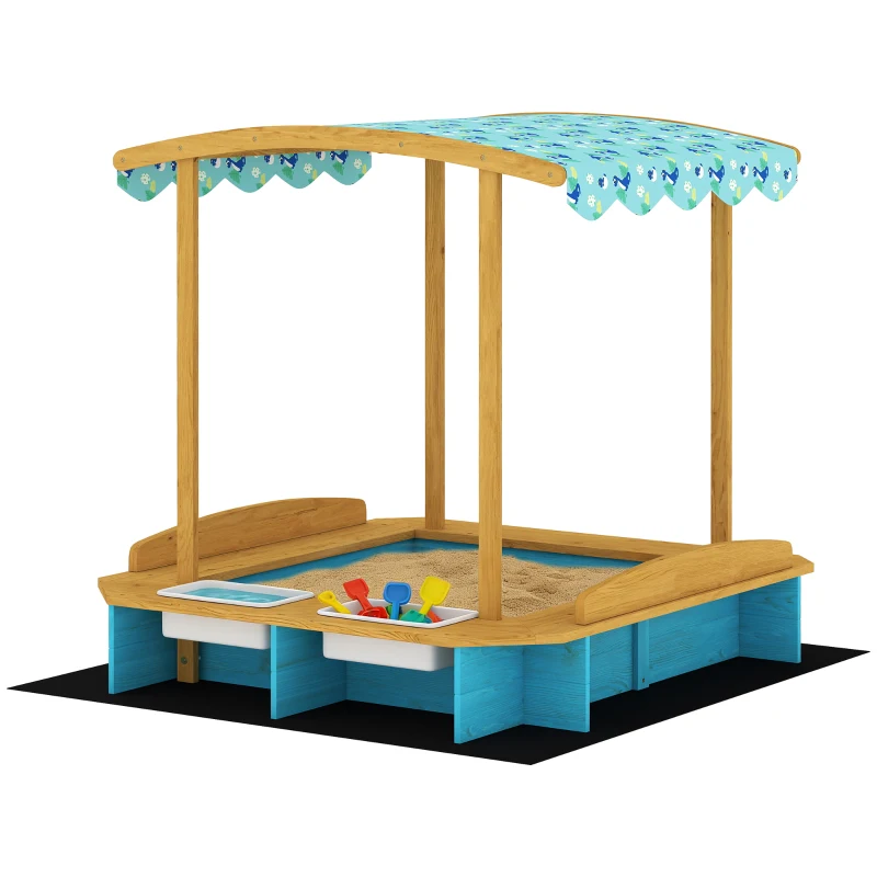 AIYAPLAY Caixa de Areia Infantil de Madeira com 2 Caixas de PP Caixa de Areia para Crianças de 3-6 Anos 128x118x121 cm Azul e Madeira