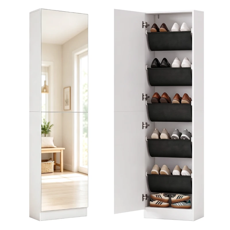 HOMCOM Schuhschrank mit Spiegel, 5-stufiger Schmale Schuhkommode mit Soft-Close-Türen, für 12 Paar, 50 x 20 x 180 cm, Weiß