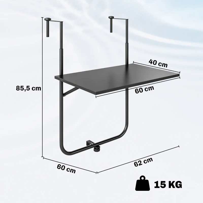 Outsunny Table de balcon suspendue plateau rectangulaire et hauteur réglable cadre en métal, dim. 62L x 60P x 85,5H cm noir