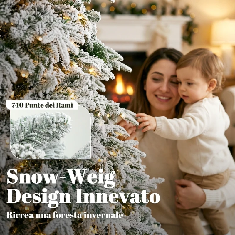 HOMCOM Albero Natale Innevato 180cm con Luci LED 350 Bianco Caldo, Timer, Telecomando, 8 Modalità, 740 Rami Ignifughi