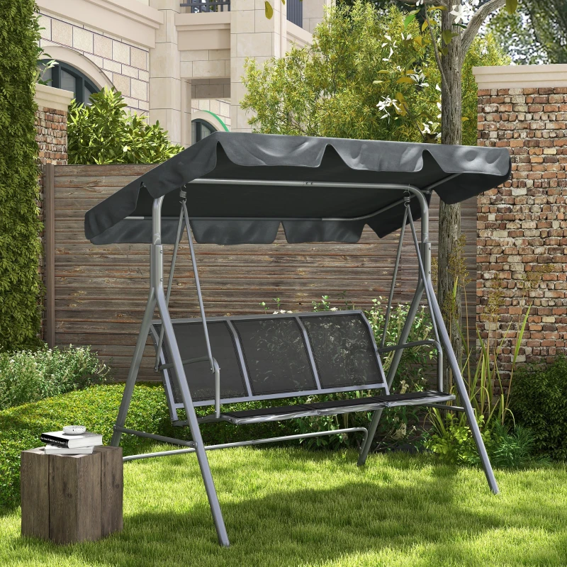 Outsunny Metal Garden Swing Chair, 3-Seater Swing Seat, Patio Hammock Bench Canopy Lounger, Dark Grey