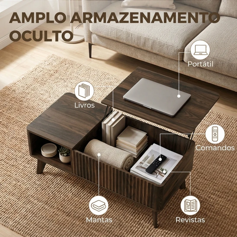 HOMCOM Mesa de Centro Elevatória com Compartimento Oculto e Prateleiras Abertas 100x48x41-56 cm Nogueira
