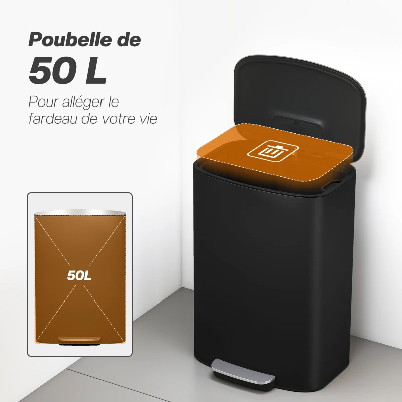 HOMCOM Poubelle cuisine 50L, poubelle à pédale, seau intérieur amovible, couvercle à fermeture douce, 45,1x36,5x62,6cm, noir