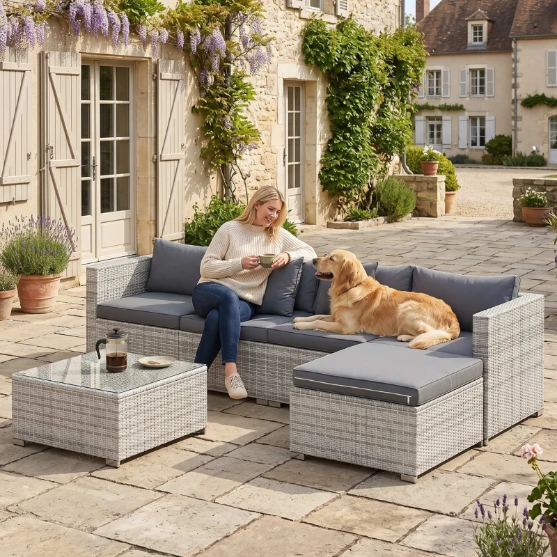Outsunny 6 Pieces Rattan Corner Sofa Set - Mixed Grey