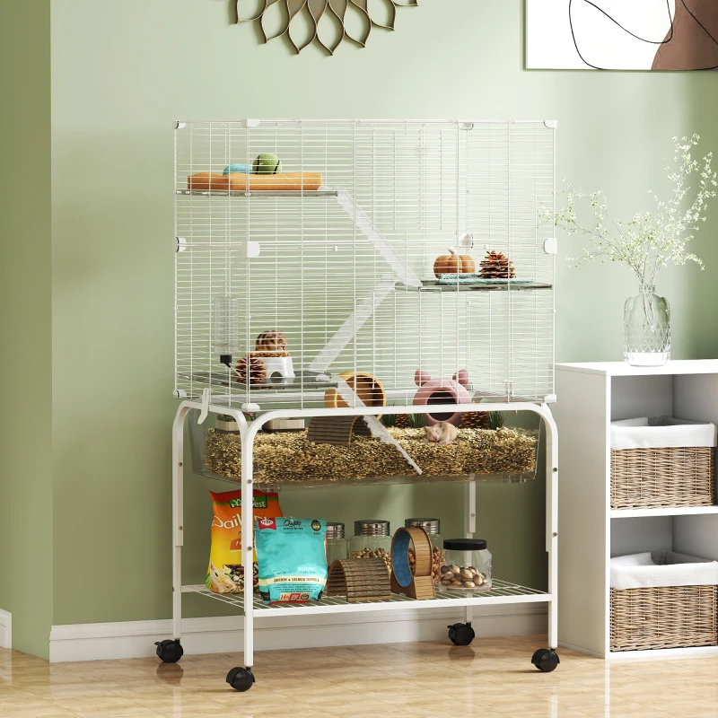 PawHut Jaula para Animales Pequeños de 4 Niveles con Ruedas Bandeja Profunda Rampas Plataformas y Comedero 73x47x123 cm Blanco