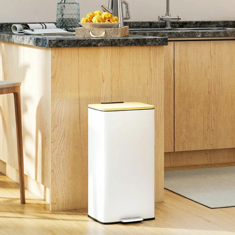 HOMCOM Poubelle de Cuisine 20L, Poubelle avec Pédale, Couvercle en Bambou à Fermeture Douce, Seau Intérieur Amovible, Blanc