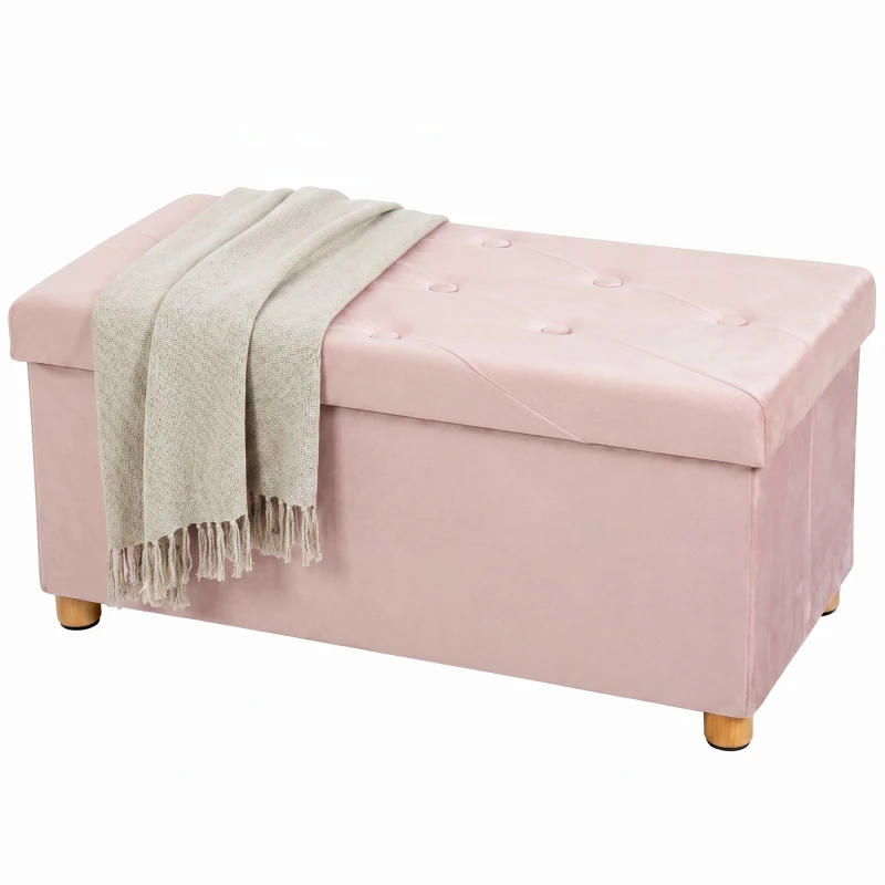 HOMCOM Velvet Upholstered Foldable Ottoman Footrest, Storage Ottoman Bench with Wood Legs for Living Room, Pink