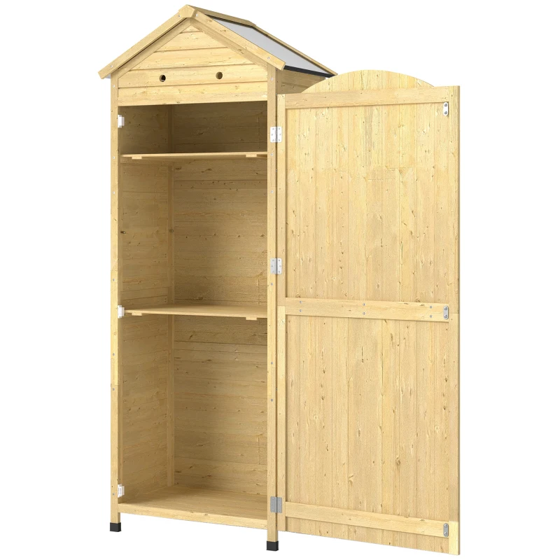 Outsunny Armoire de Jardin en Bois Toit Acier Galvanisé Texture Gaufrée Étagères Réglables 85x58x213cm Bois Naturel