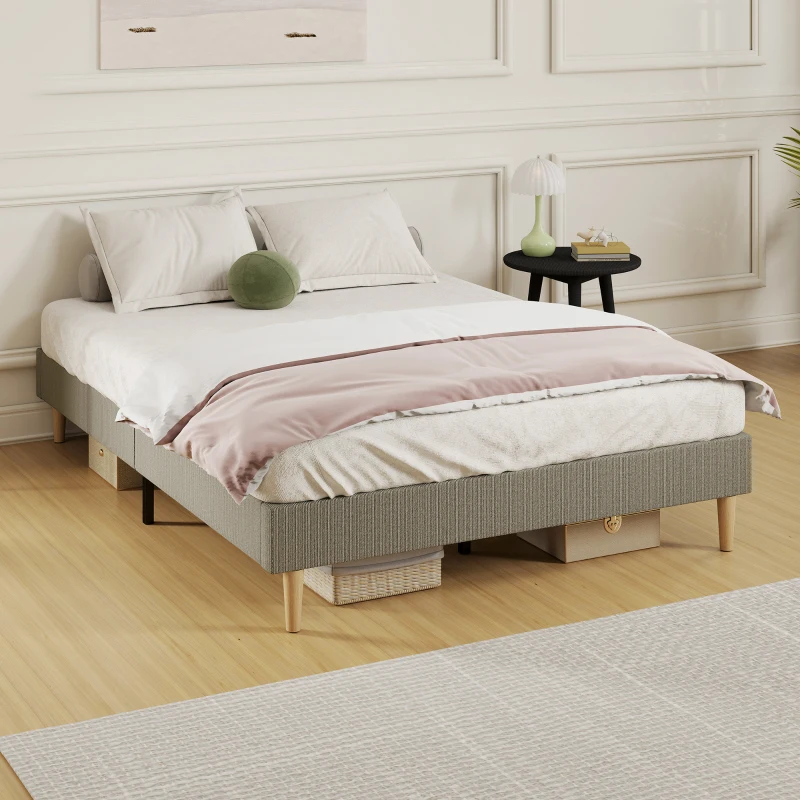 HOMCOM Cadre de lit 140 x 190 cm avec sommier à lattes en bois, lit double rembourré en velours côtelé, gris