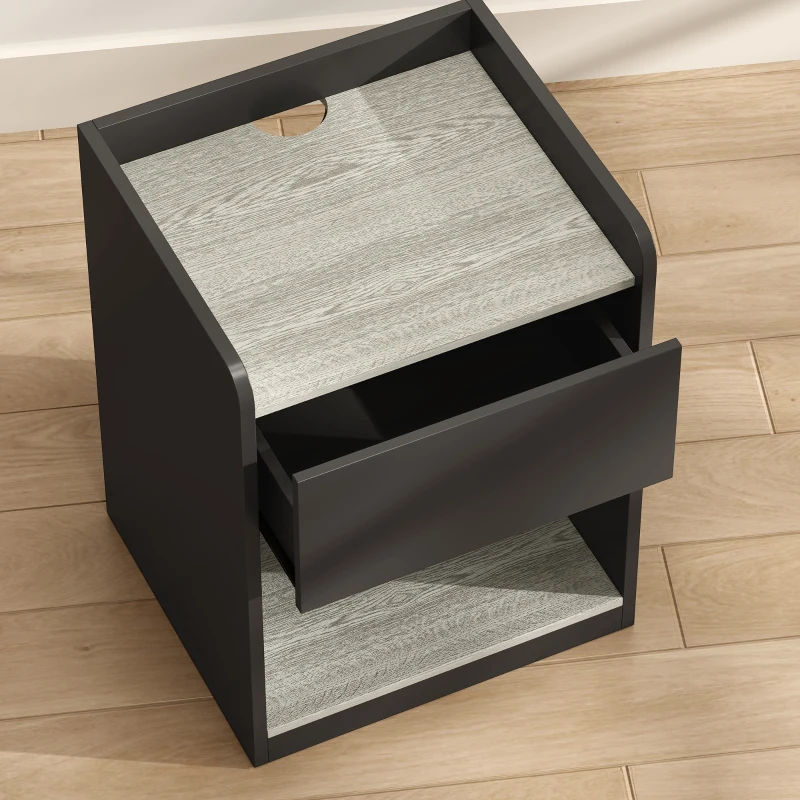 HOMCOM Modern Bedside Table, Slim Nightstand with Drawer, Shelf and Cable Holes, Black and Grey Wood Effect