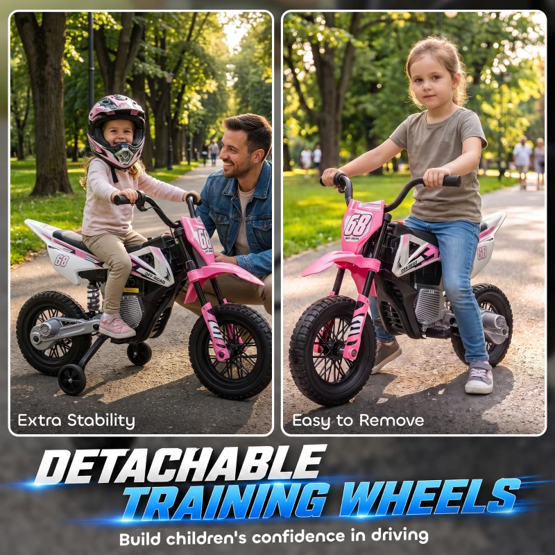 AIYAPLAY Kids Electric Motorcycle, 12V Ride On Motorbike with Training Wheels, Soft Start, Suspension, Music for 3–6 Years, Pink