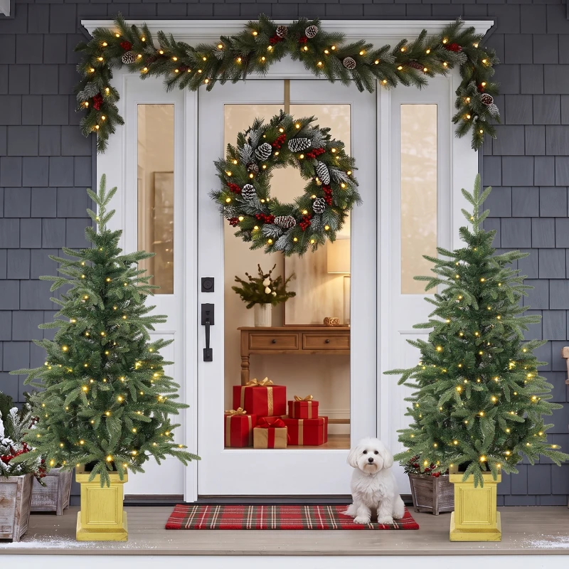 HOMCOM Set of 2 Prelit Christmas Trees with Dual-Colour LEDs, Remote, 4ft Artificial Aspen Fir Battery-Operated, 11 Modes, Pot
