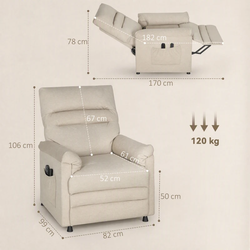 HOMCOM Poltrona Relax com Aquecimento Lombar e Massagem por Vibração Reclinável USB e Função de Memória  82x99x106 cm Bege