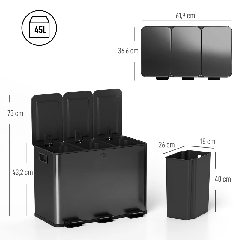 HOMCOM Poubelle de cuisine 45L avec 3 compartiments de 15L, couvercle, seaux intérieurs amovibles, 3 x 15L, noir