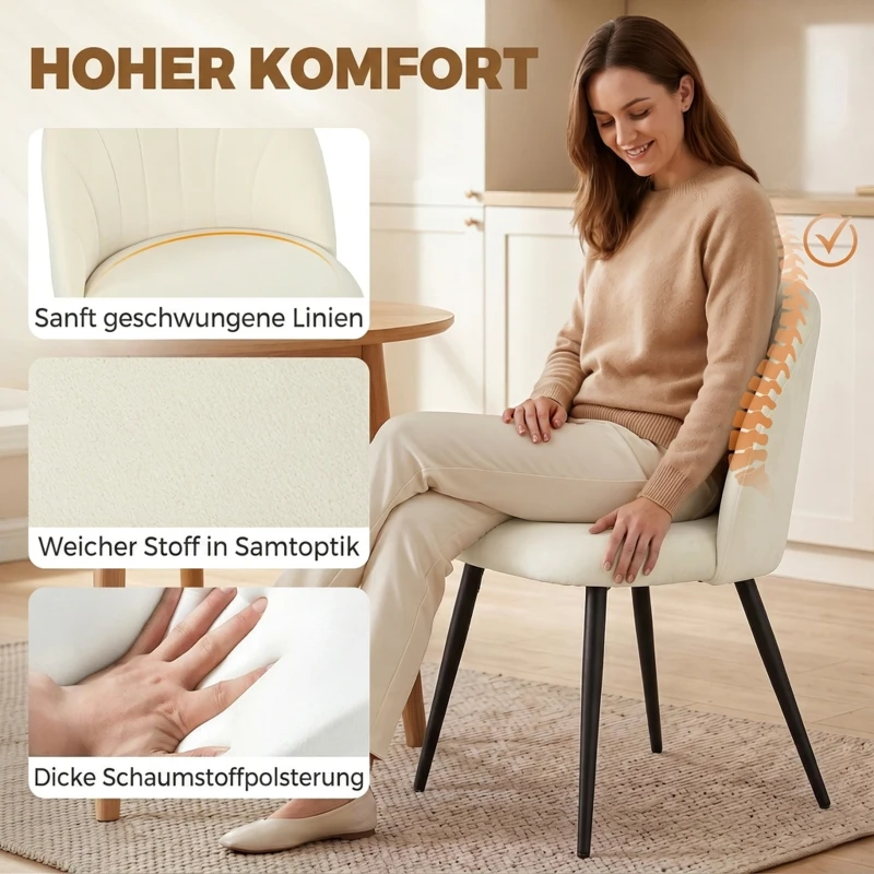 HOMCOM 2er-Set Esszimmerstühle Akzentstühle Küchenstühle, Retrodesign, Samtoptik, 52 cm x 55 cm x 79 cm, Cremeweiß