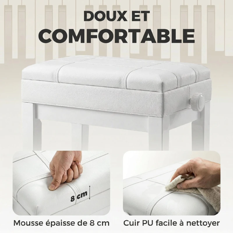 HOMCOM Banquette tabouret siège pour piano coffre intégré hauteur réglable bois hévéa assise revêtement synthétique blanc
