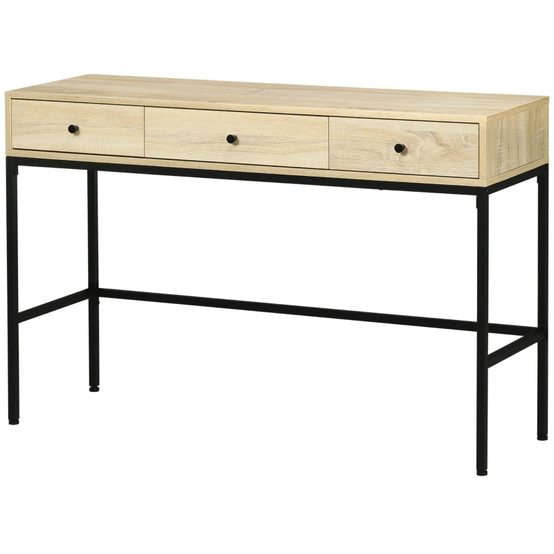 HOMCOM Table console table d'entrée structure en acier 3 tiroirs effet bois style industriel 120 x 39,8 x 78 cm naturel noir