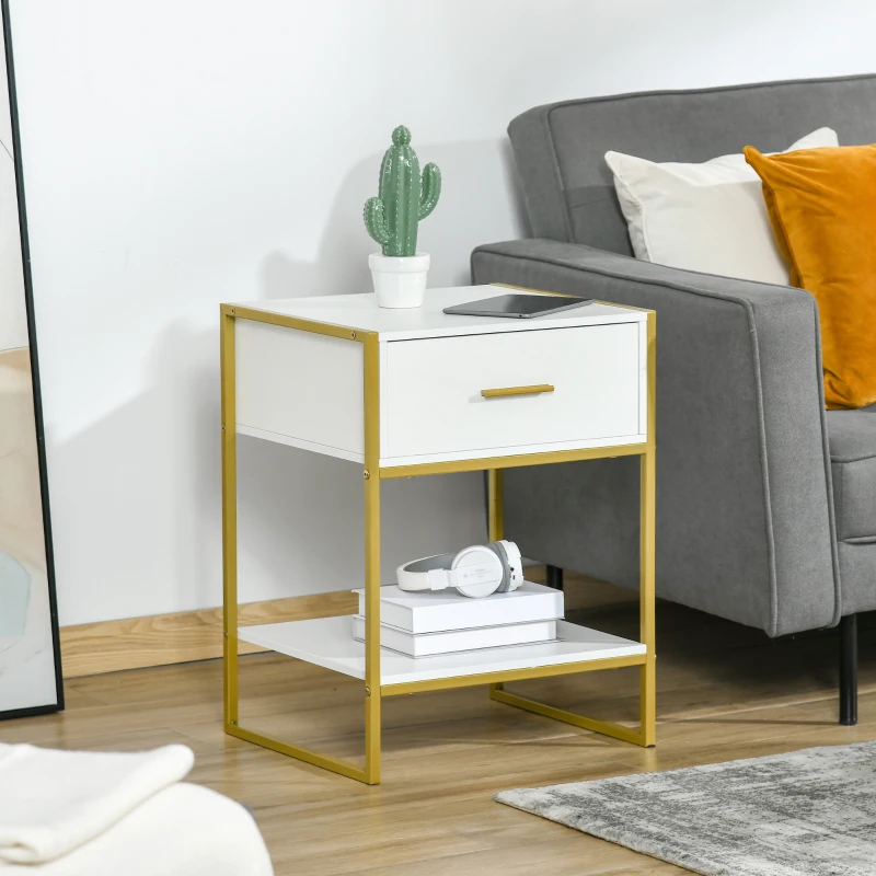 HOMCOM Mesita de Noche Mesa Auxiliar con Cajón y Estante de Almacenamiento para Dormitorio Salón Cama Oficina Estilo Moderno 45x40x60 cm Blanco
