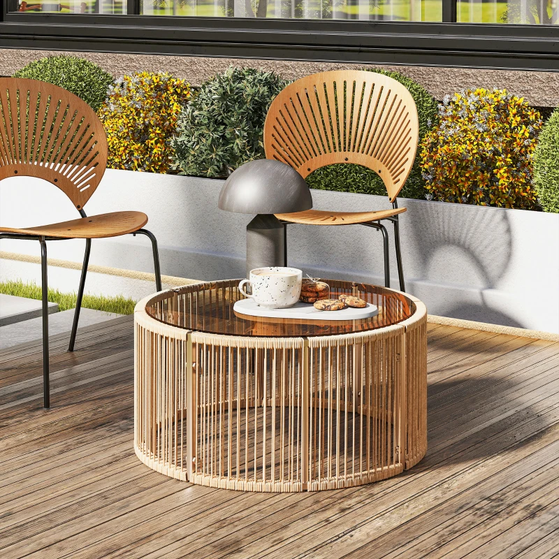 Outsunny Table Basse de Jardin Ronde en Résine Tressée, Plateau en Verre Trempé et Cadre en Acier Galvanisé, 70x70x33cm, Marron