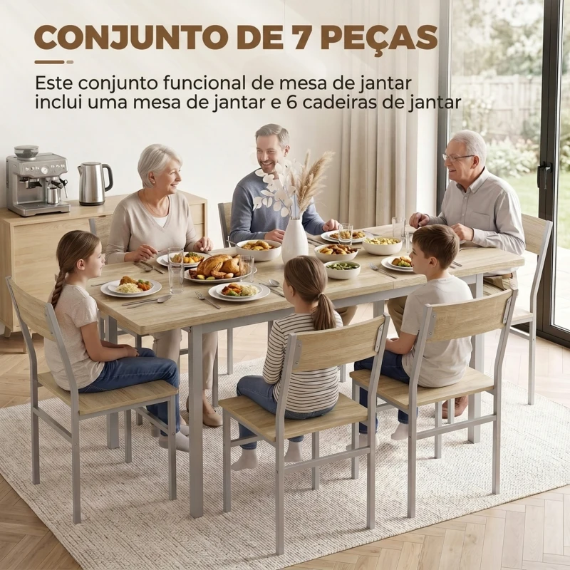 HOMCOM Conjunto de Mesa de Jantar Extensível 120-160 cm e 6 Cadeiras Empilháveis para 4-6 Pessoas, Efeito Carvalho