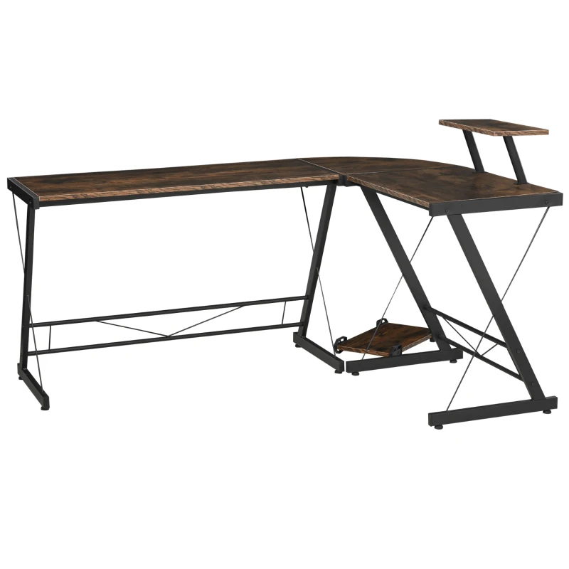 HOMCOM L Shaped Corner Desk, Gaming Desk, Computer Table with Monitor Stand and CPU Stand, Study Workstation for Home Office, 155 x 115 x 91.5cm, Rustic Brown and Black