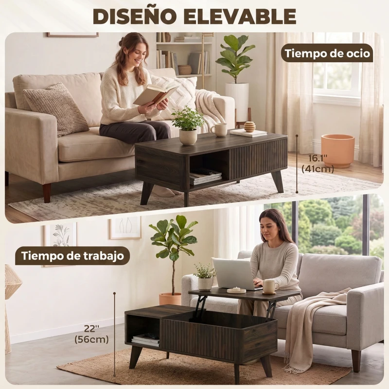 HOMCOM Mesa de Centro Elevable con Compartimento Oculto Estantes Abiertos Frontal Ondulado 100x48x41-56 cm Nogal