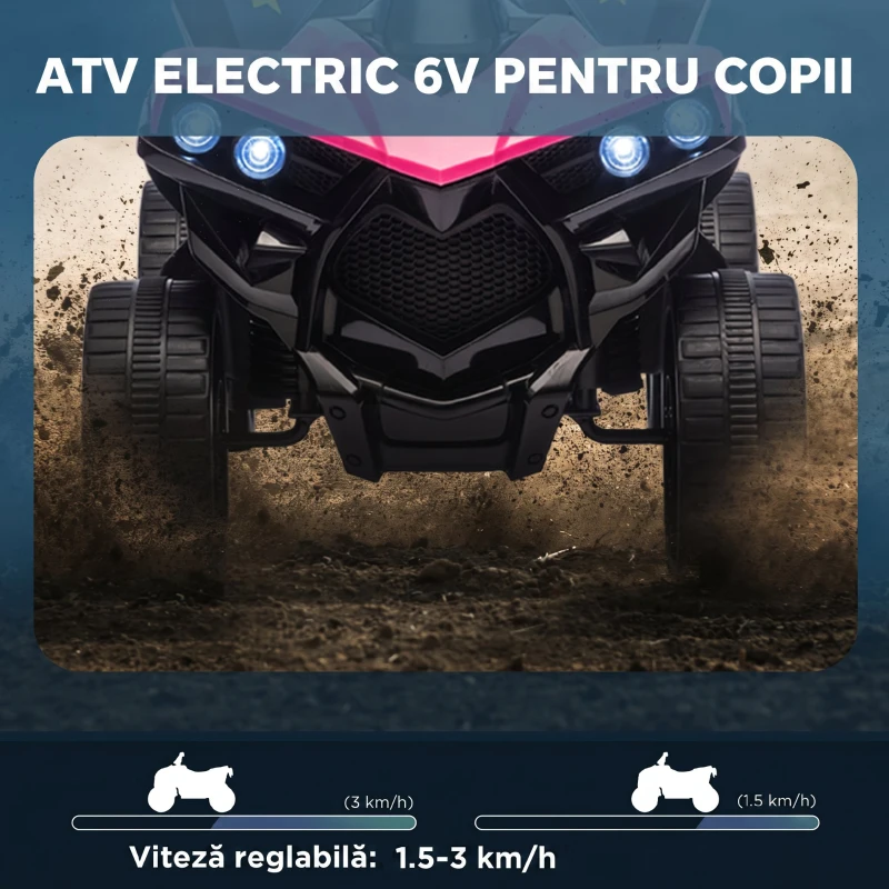 AIYAPLAY Quad Electric pentru Copii 6V, ATV cu Faruri LED și Muzică, 18-56 Luni, Roz