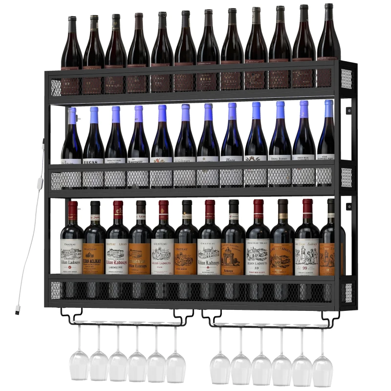 HOMCOM Wall-Mounted Wine Rack with LED Lights, Glass Holders, Open Shelf, Metal Storage Rack, Black