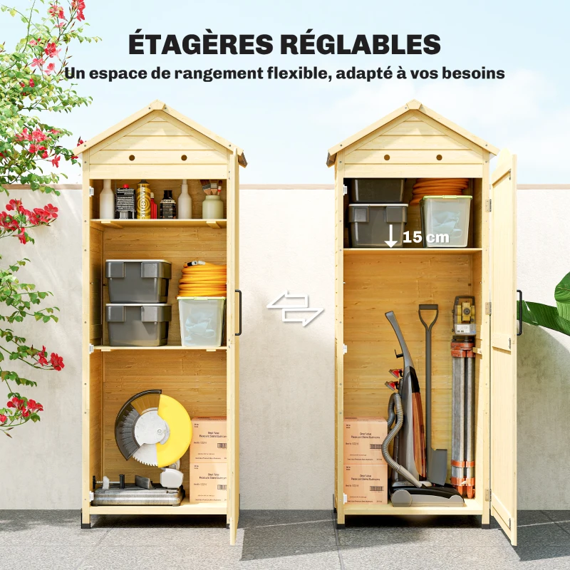 Outsunny Armoire de Jardin en Bois Toit Acier Galvanisé Texture Gaufrée Étagères Réglables 85x58x213cm Bois Naturel