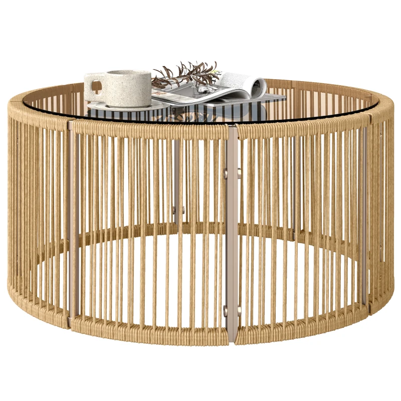 Outsunny Table Basse de Jardin Ronde en Résine Tressée, Plateau en Verre Trempé et Cadre en Acier Galvanisé, 70x70x33cm, Marron