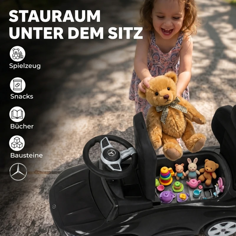AIYAPLAY 3-in-1 Mercedes-Benz loopauto met duwstang, stuur, claxon, muziek, dak en opbergruimte, zwart