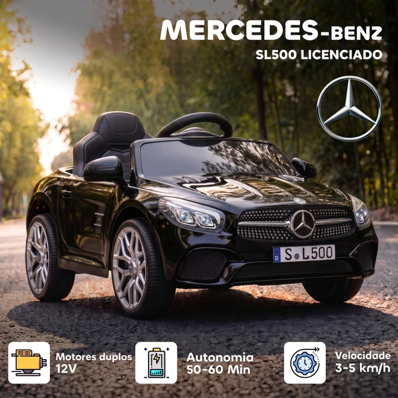 AIYAPLAY Carro Elétrico Infantil Mercedes-Benz SL500 12V com Comando à Distância 2,4 GHz, 2 Motores, Suspensão e Arranque Suave, Preto
