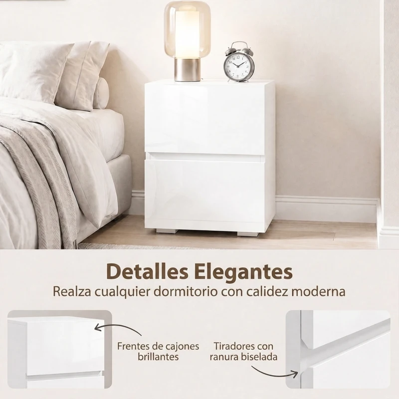 HOMCOM Juego de 2 Mesitas de Noche Estrechas Mesillas de Noche Dormitorio con 2 Cajones Frentes de Alto Brillo Blanco