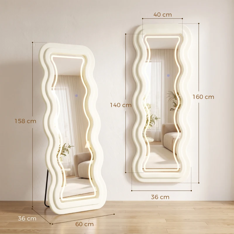 HOMCOM Full Length Mirror, 160 x 60 cm Wavy Full Body Wall Standing Mirror with Velvet Frame and LED Light Strip, Cream White