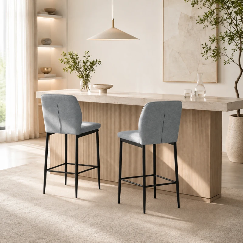 HOMCOM Modern Tall Chairs, Set of 2 Velvet Bar Stools with Footrest and Backrest, Kitchen & Living Room Stools, Grey