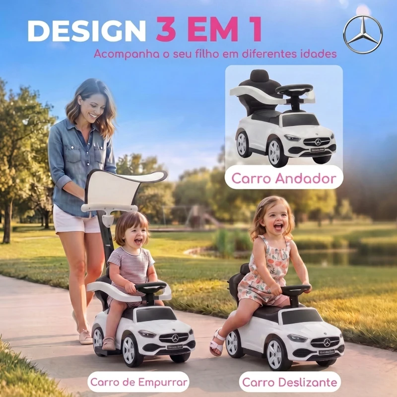 AIYAPLAY Carro Andador para Bebé 3 em 1 Mercedes-Benz com Barra de Empurrar, Capota, Laterais de Proteção, Música, 12-36 Meses, Branco