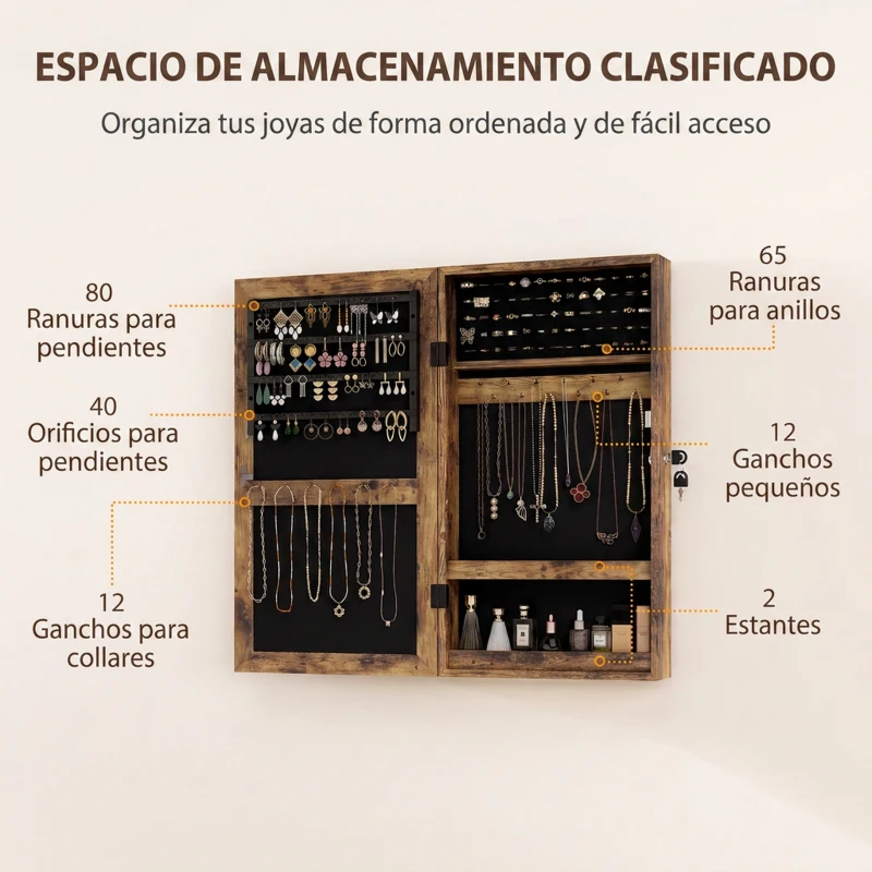 HOMCOM Espejo Joyero de Pared con Cerradura y Varios Compartimentos Montar en Pared o Puerta Marrón Rústico y Forro Negro