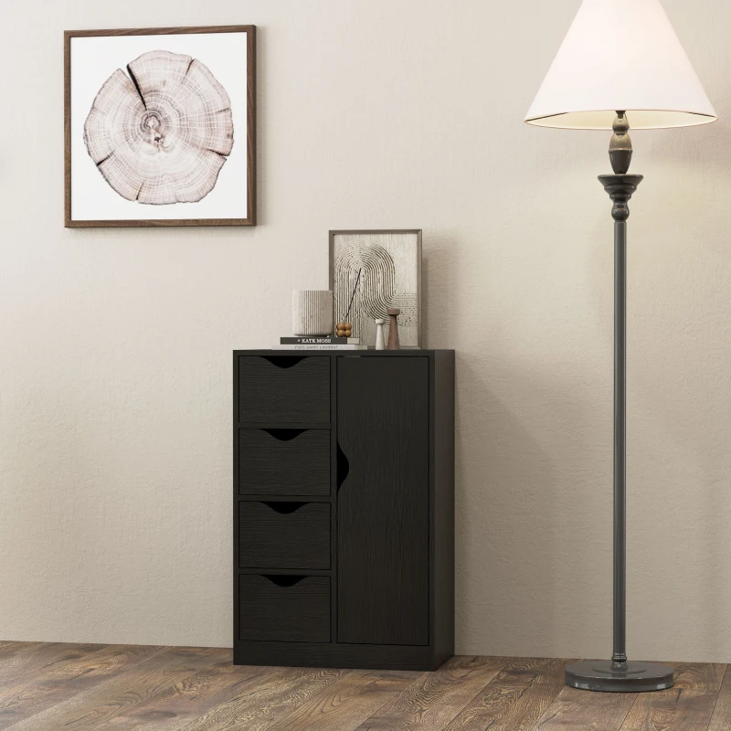 HOMCOM Mueble de Almacenamiento Buffet Cómoda con 1 Armario y 4 Cajones en Madera para Salón Cocina Entrada Comedor Negro
