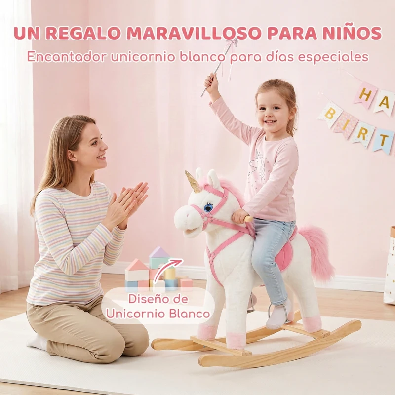AIYAPLAY Caballito Balancín para Bebés Unicornio Sonidos de Cascos y Relinchos Boca y Cola Móviles 1-3 Años Blanco
