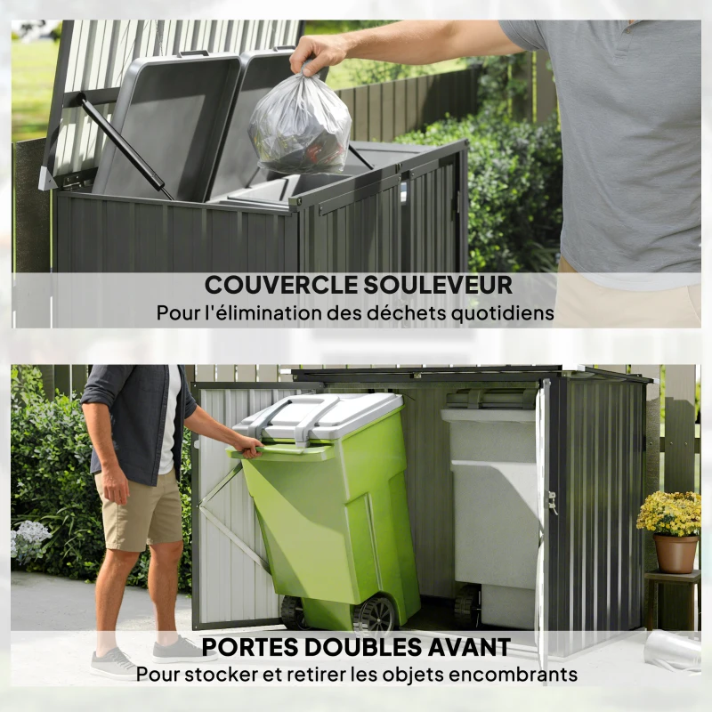 Outsunny Cache Poubelle Extérieur 1,2 m², 150x80x117cm, Abri de Jardin Acier Galvanisé pour 2 Poubelles, Double Porte à Serrures