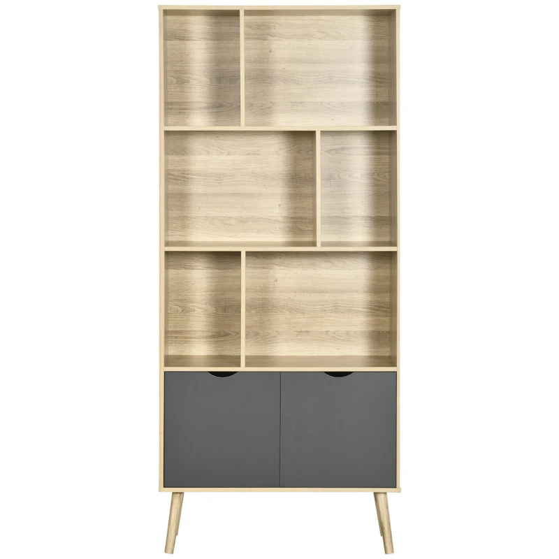 HOMCOM Modern Bookcase with Bottom Cabinet and 6 Open Shelves, Freestanding Bookshelf for Study Living Room Home Office, Natural and Dark Grey