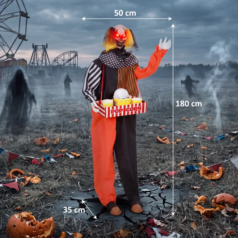 HOMCOM Animowany klaun z popcornem na Halloween z wyskakującą głową, strasznymi dźwiękami, muzyką jarmarczną i świecącymi oczami