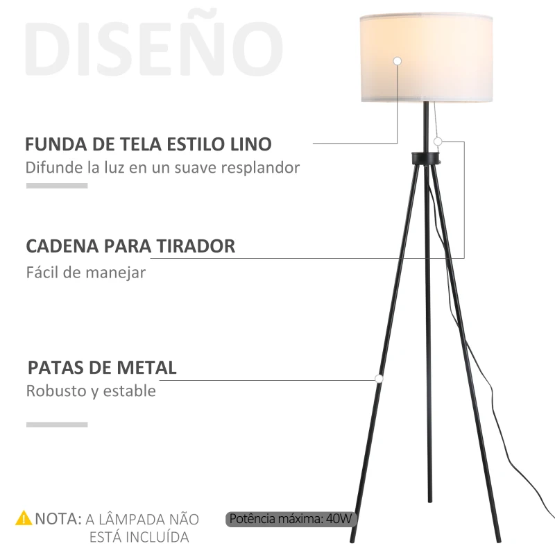 HOMCOM Lámpara de Pie con Trípode Metálico y Pantalla de Tela Diseño Elegante y Clásico Ø37x152 cm para Hogar u Oficina