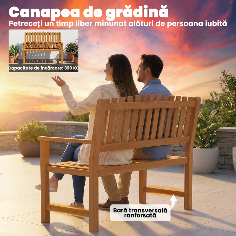 Outsunny Bancă de Grădină cu Spătar cu Lamele, 2 Locuri, Naturală