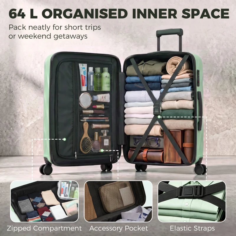 HOMCOM 65cm 64L Suitcase, Lightweight ABS Hard Shell Carry On Luggage with TSA Lock, Spinner Wheels, Telescopic Handle, Green