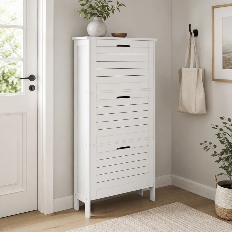 HOMCOM Narrow Shoe Cabinet with 3 Flip Drawers - White