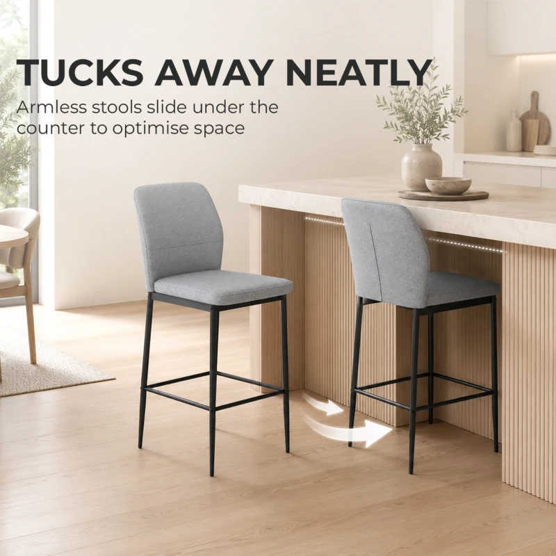 HOMCOM Modern Tall Chairs, Set of 2 Velvet Bar Stools with Footrest and Backrest, Kitchen & Living Room Stools, Grey