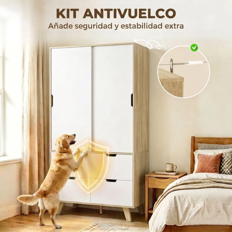 HOMCOM Armario Dormitorio Moderno con Puertas Correderas Barra para Colgar Estantes Ajustables y 4 Cajones Roble y Blanco